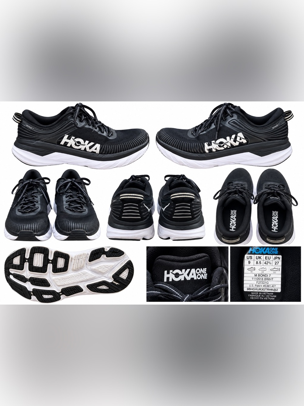 HOKA Bondi 7 Black White Running Shoes Men’s Size 9